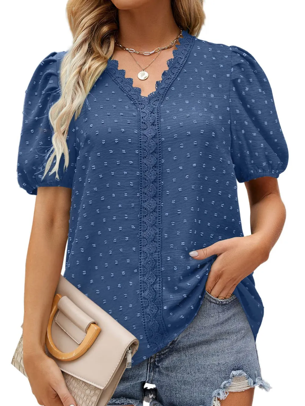 Puff Sleeve Swiss Dot Lace Trim Blouse, image 17