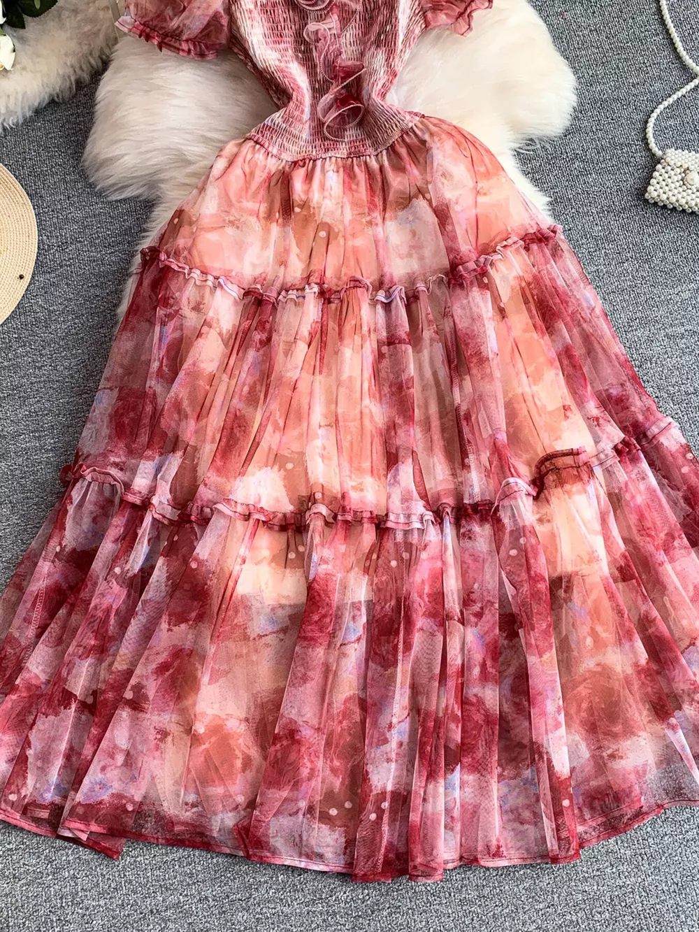 Smocked Floral Tiered Mesh Midi Dress, image 26