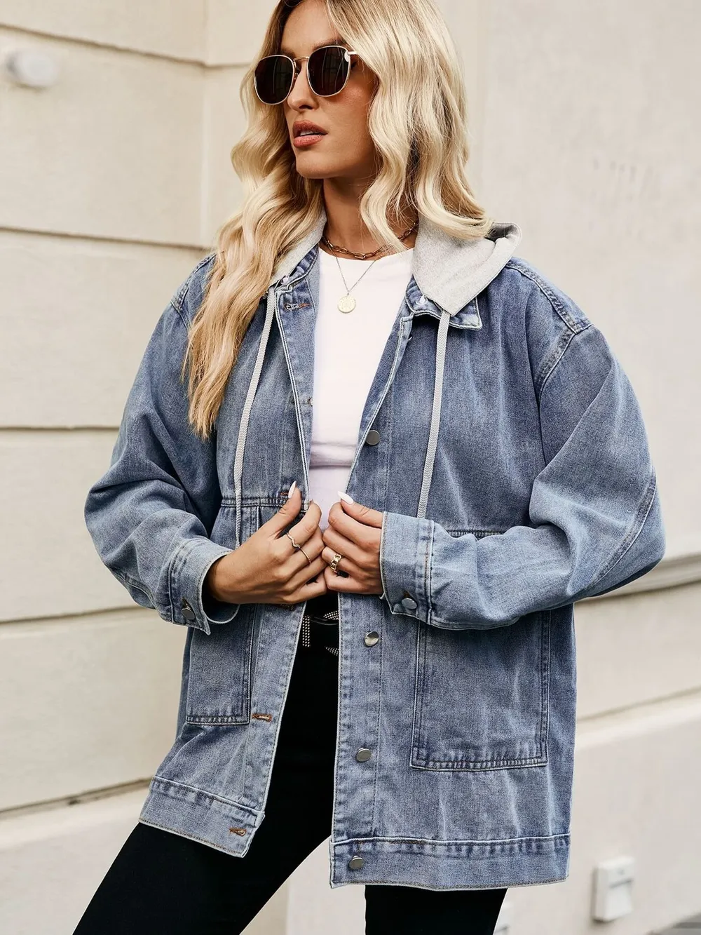 Oversized Button Up Denim Jacket with Hood, image 23