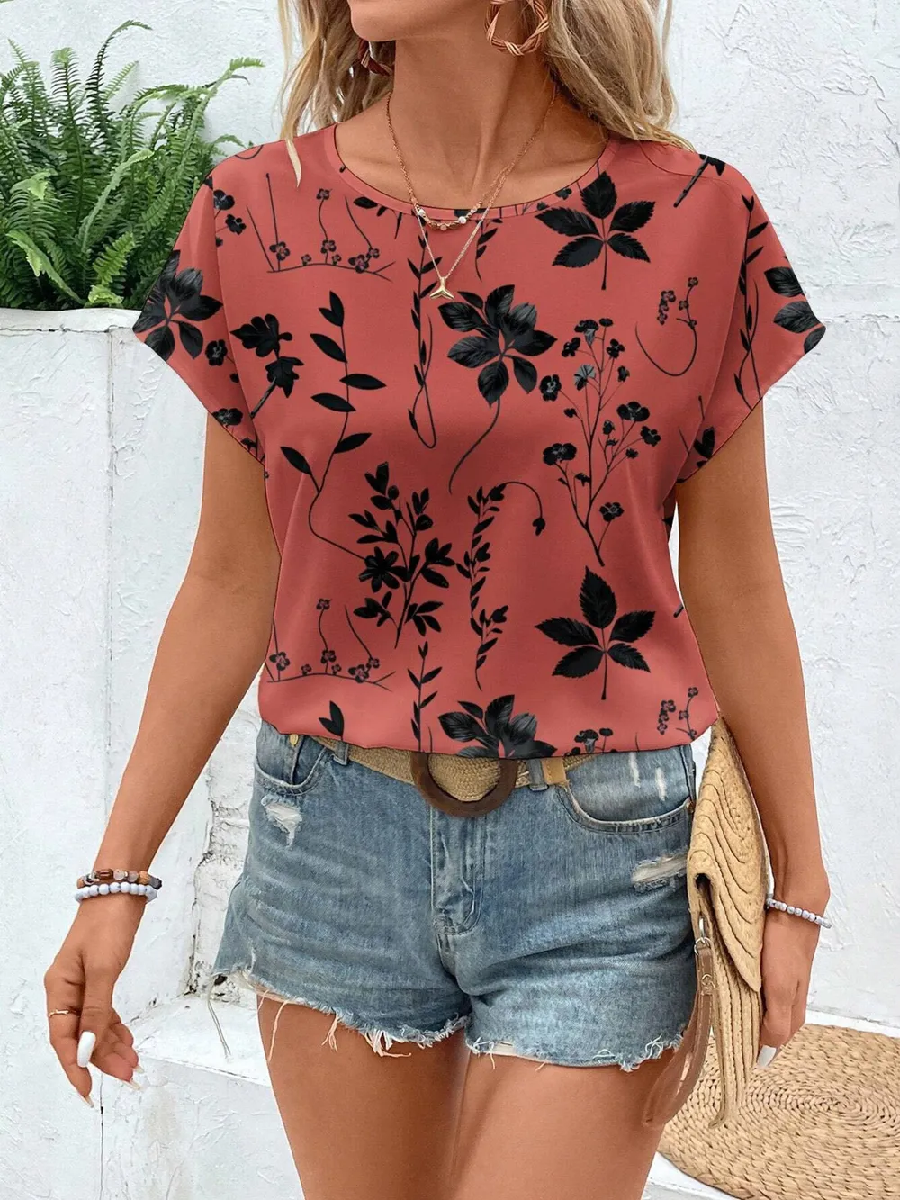 Printed Round Neck Short Sleeve Blouse, image 8
