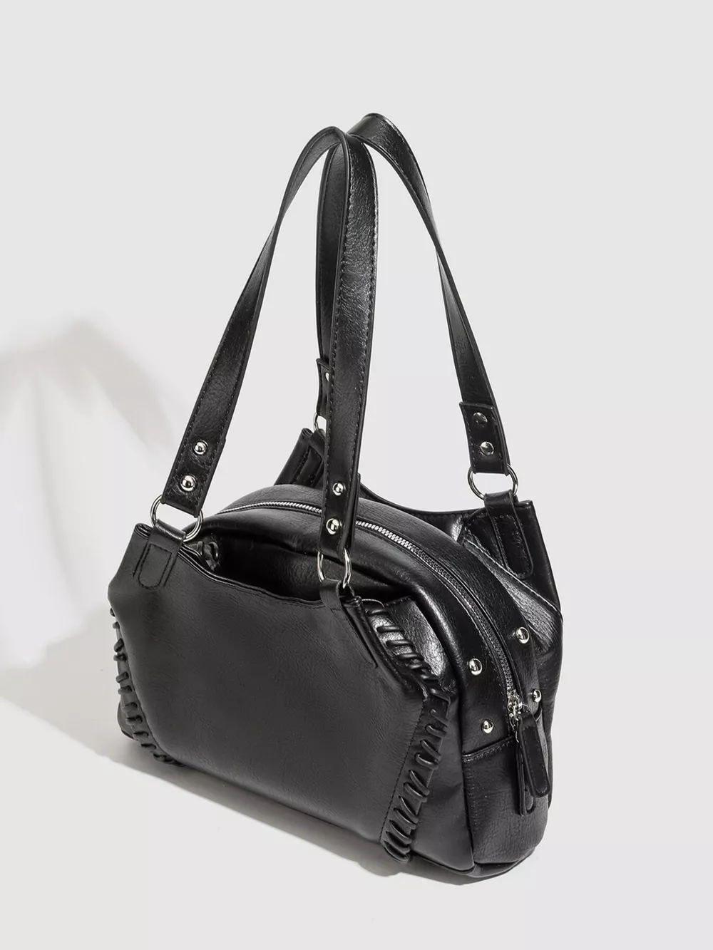 PU Leather Shoulder Bag with Woven Detail and Stud Accents, image 2
