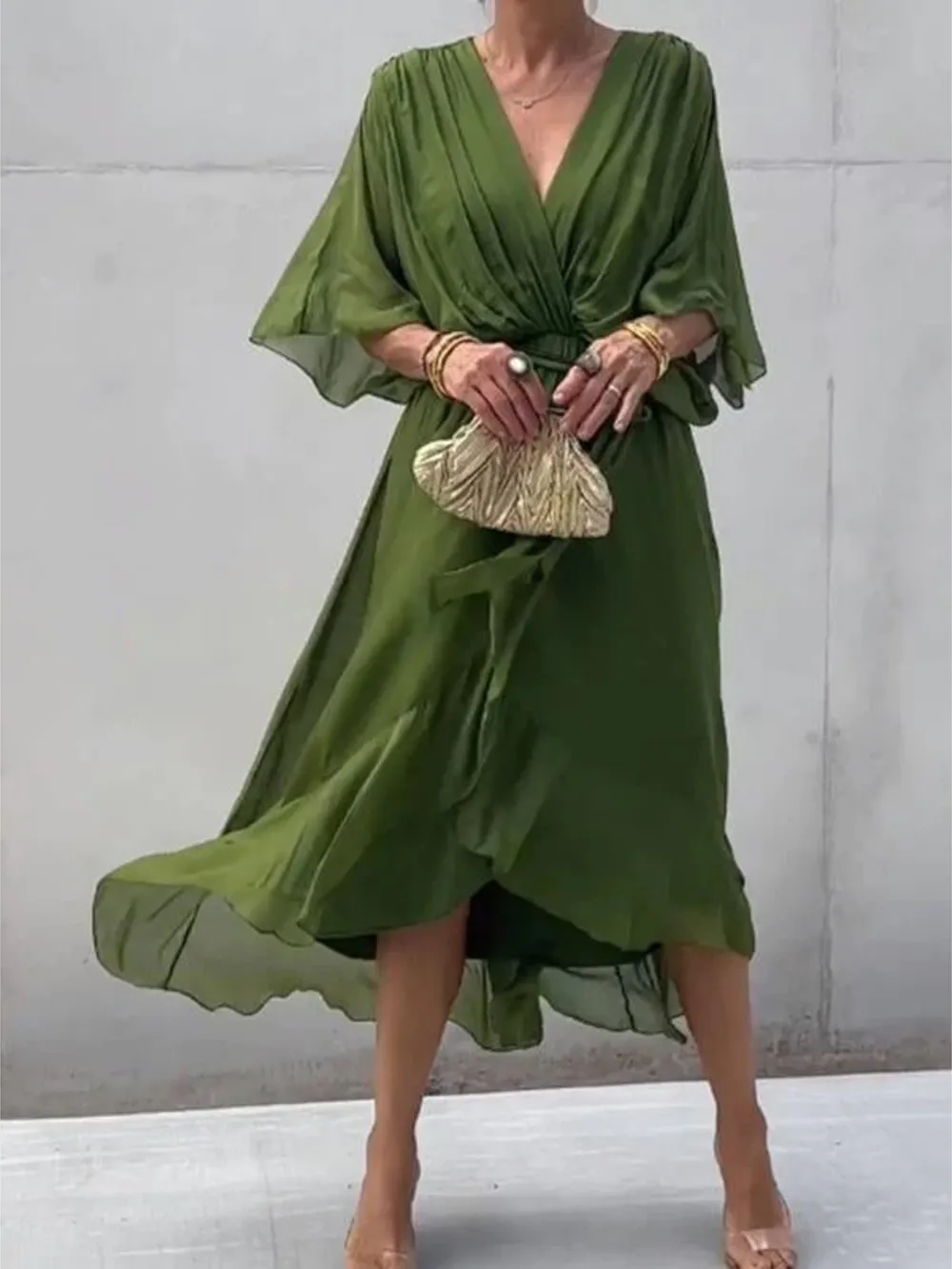 Full Size Flowy Tie Front Midi Dress with Flutter Sleeves Plus Size, image 25