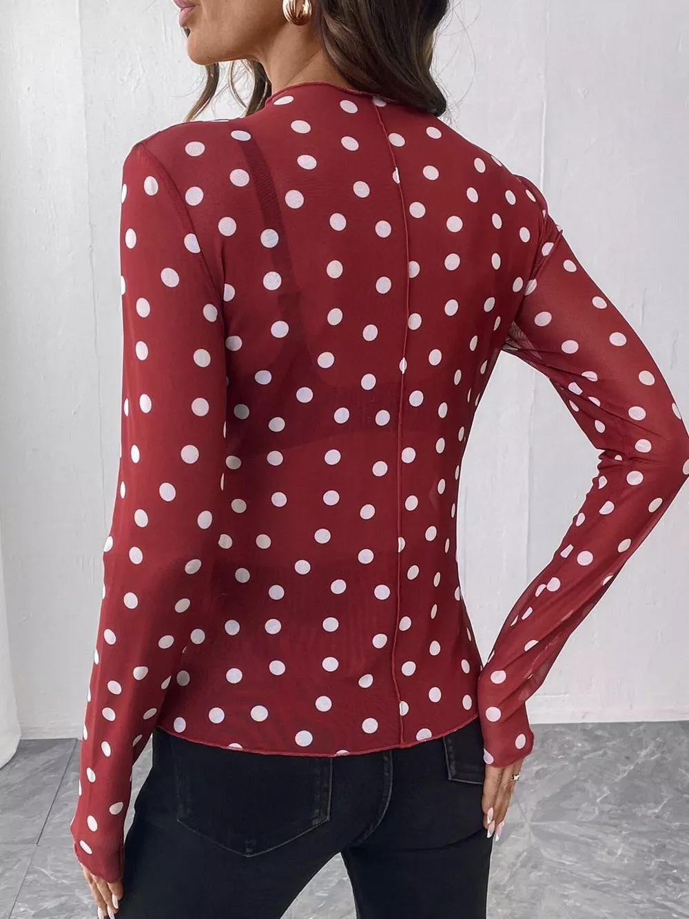 Sheer Polka Dot Long Sleeve Mock Neck Top, image 12