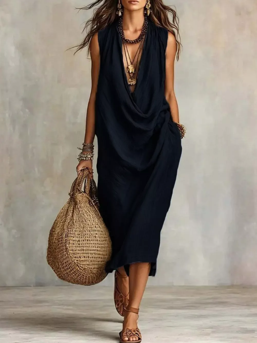 Full Size Cowl Neck Sleeveless Midi Dress Plus Size, image 5