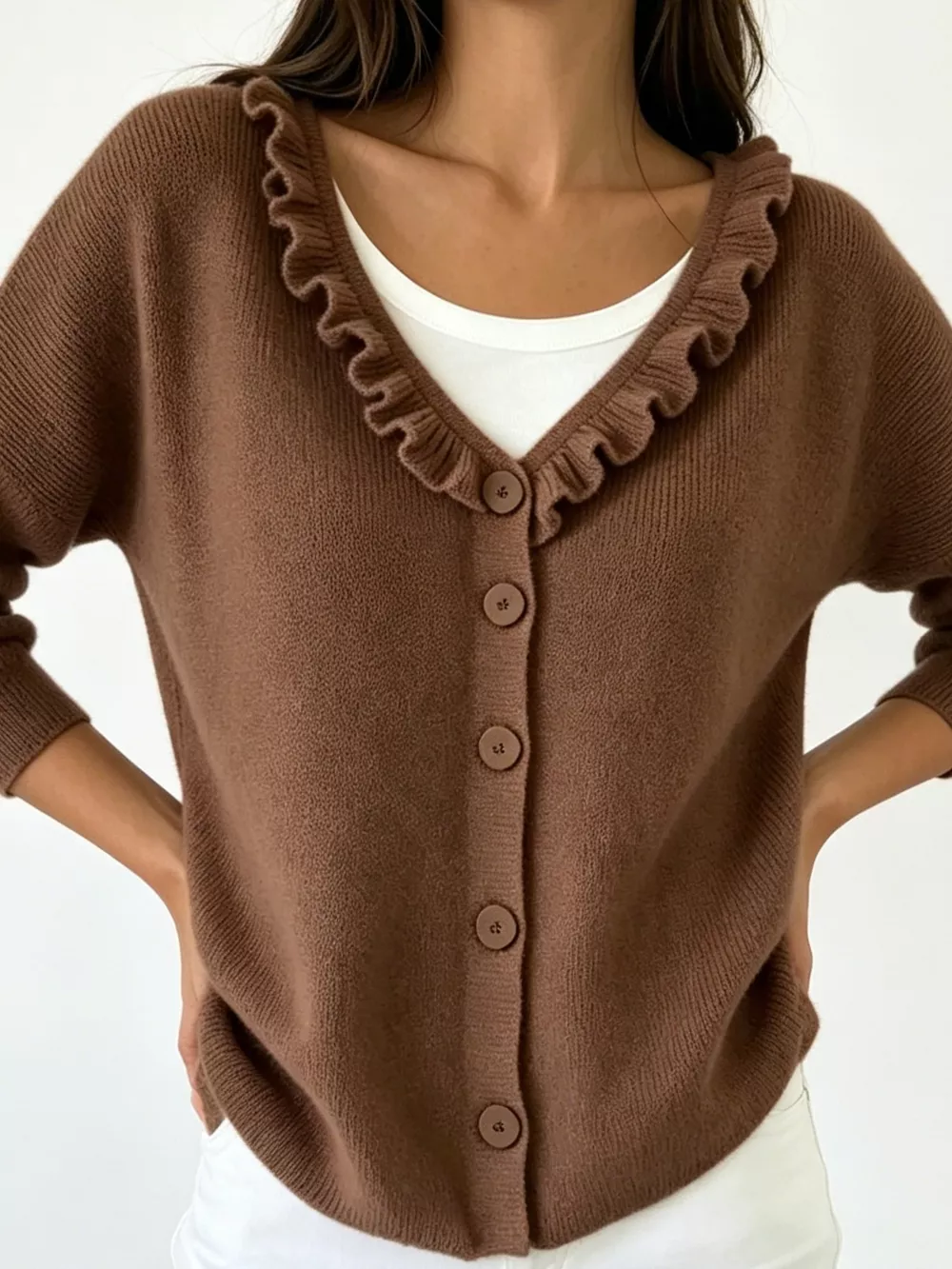 Ruffled Neckline Button-Up Cardigan, image 13
