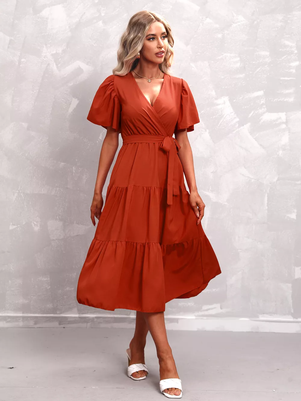 Flutter Sleeve Tiered Midi Dress, image 20