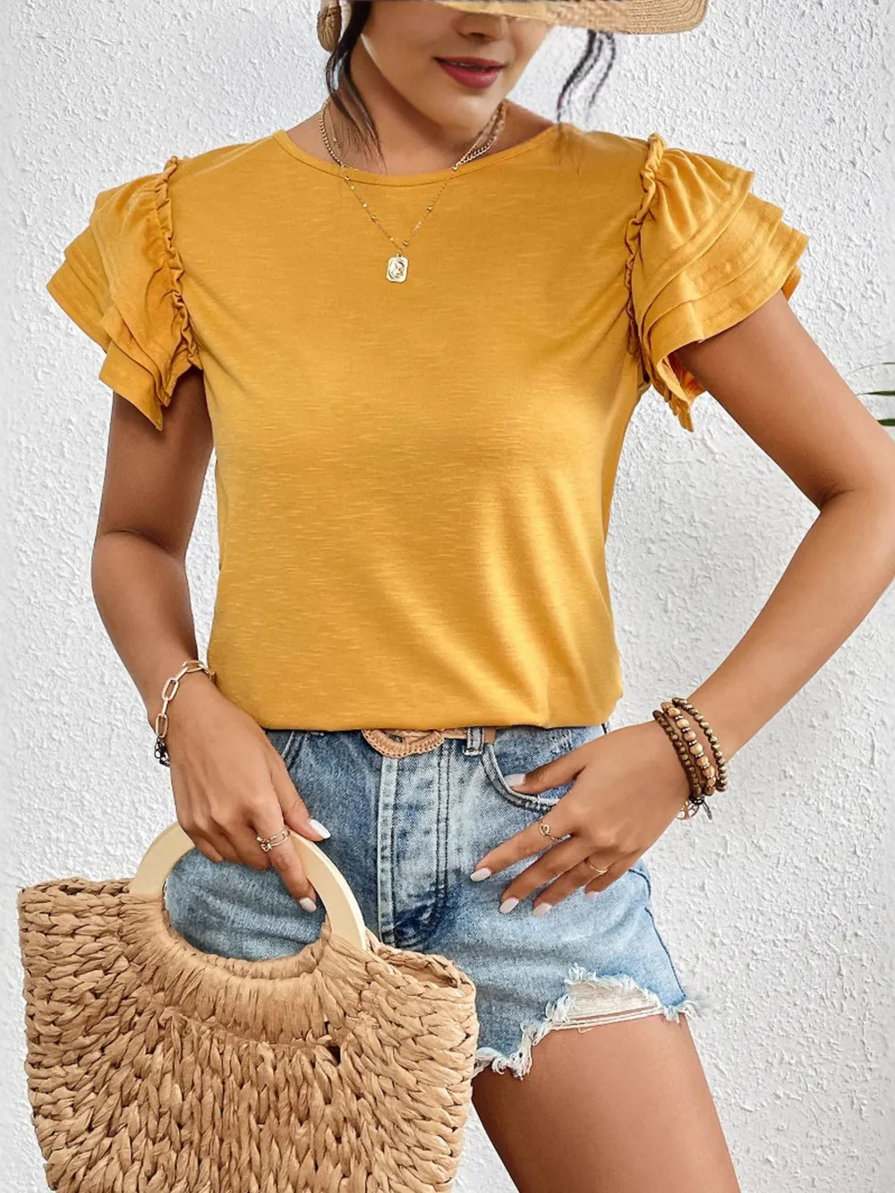 Ruffle Sleeve Round Neck T-Shirt, image 4