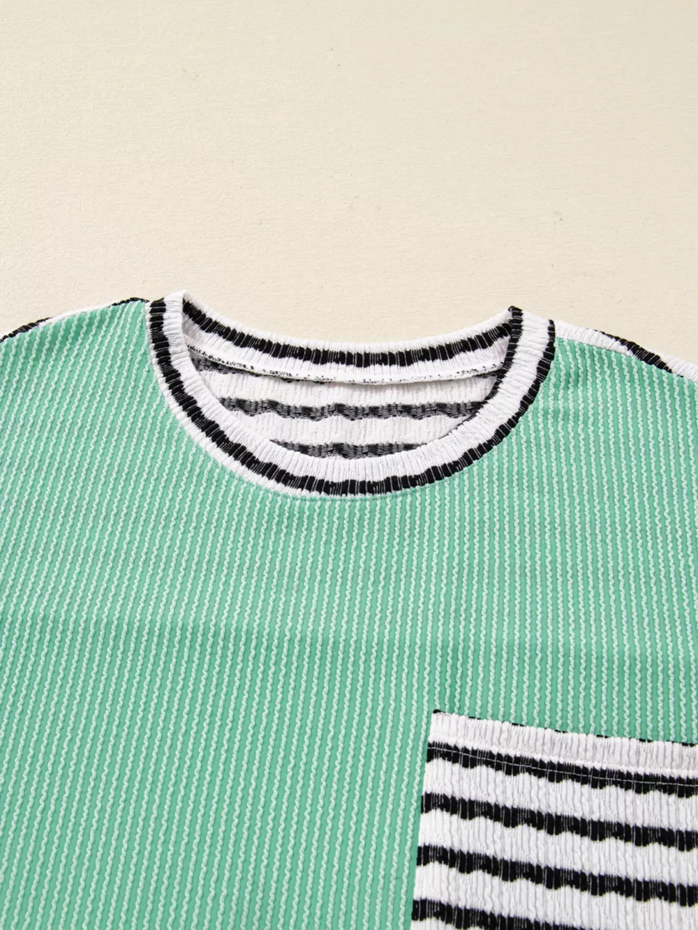 Twisted Ribbed Contrast Round Neck Striped Patchwork Long Sleeve Top, image 4