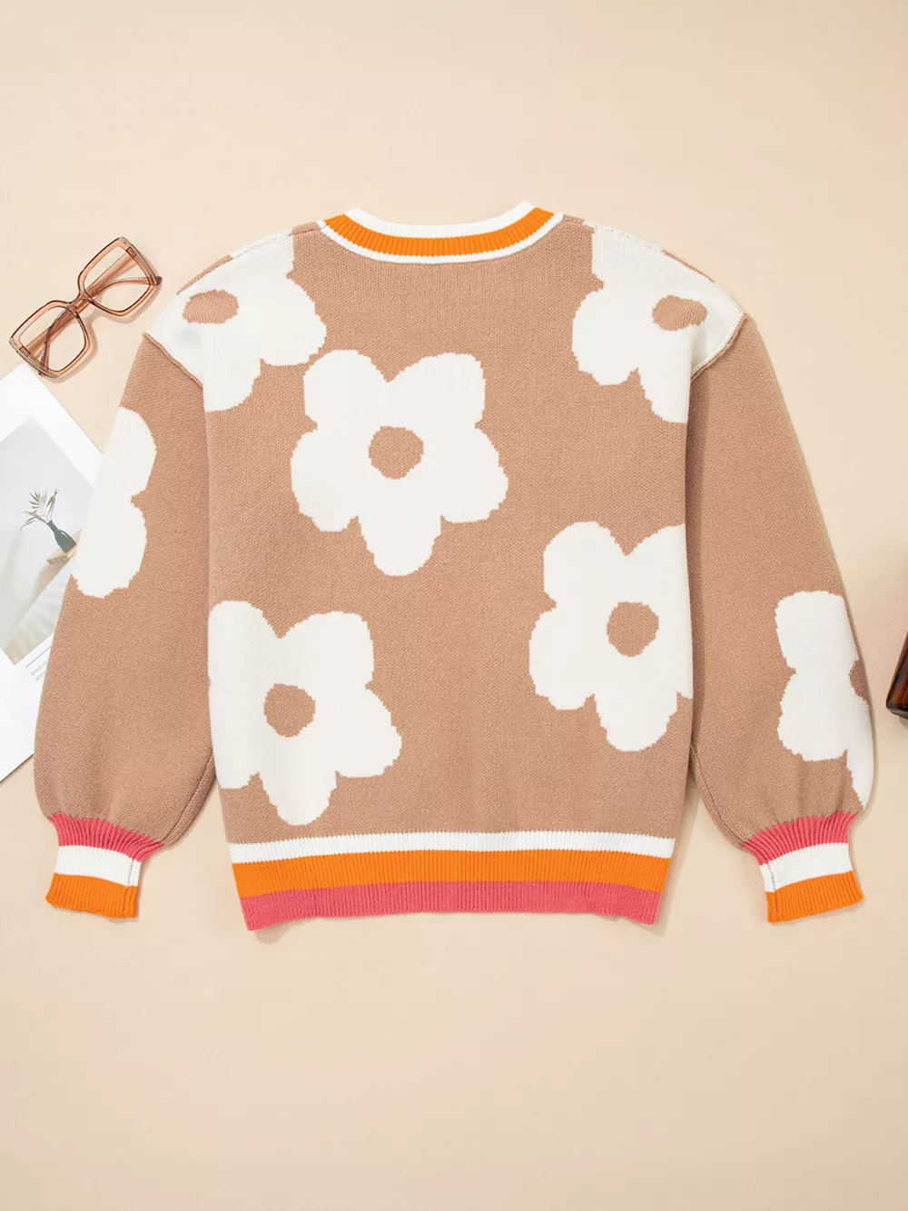 Flower Pattern Contrast Striped Baggy Sweater, image 7