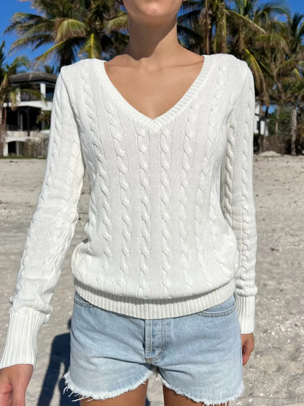 Cable Knit V-Neck Sweater, image 3