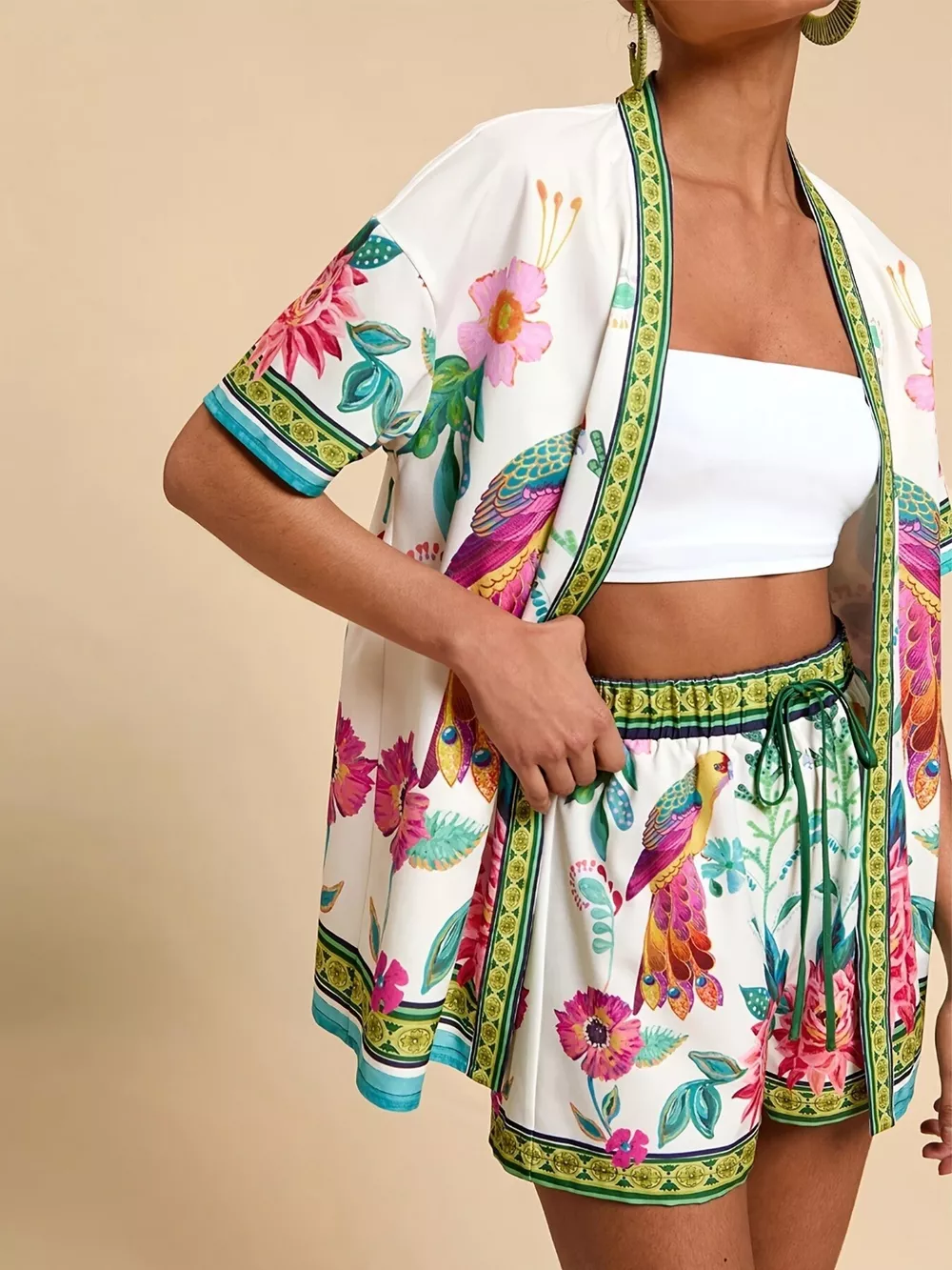 Printed Open Front Cardigan and Shorts Set, image 9