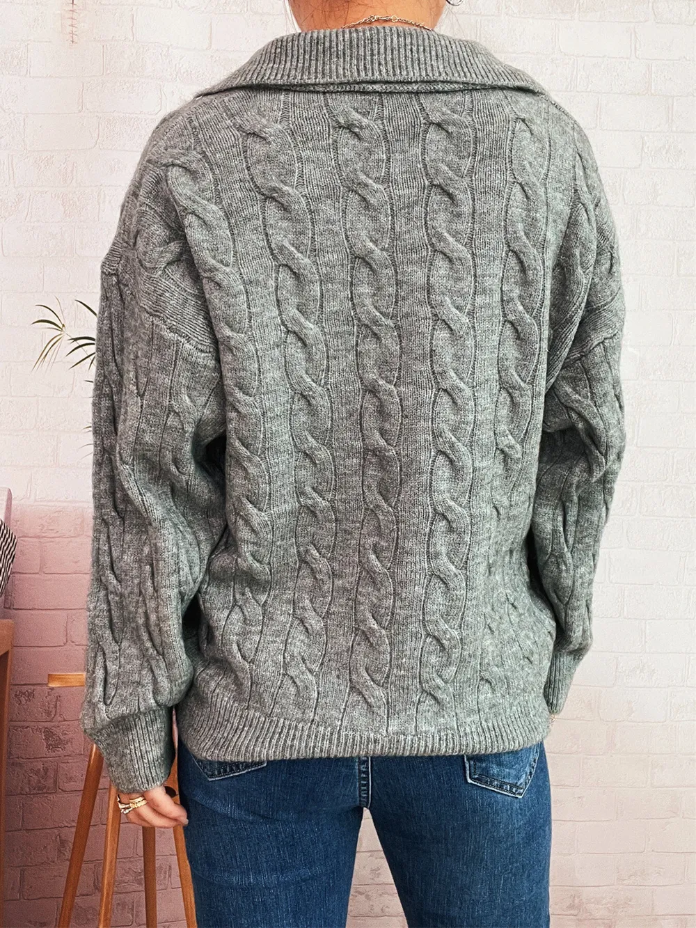 Cable Knit Johnny Collar Sweater, image 7