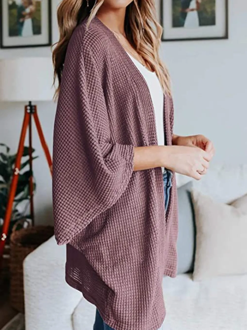Full Size Open Front Waffle Knit Cardigan Plus Size, image 36