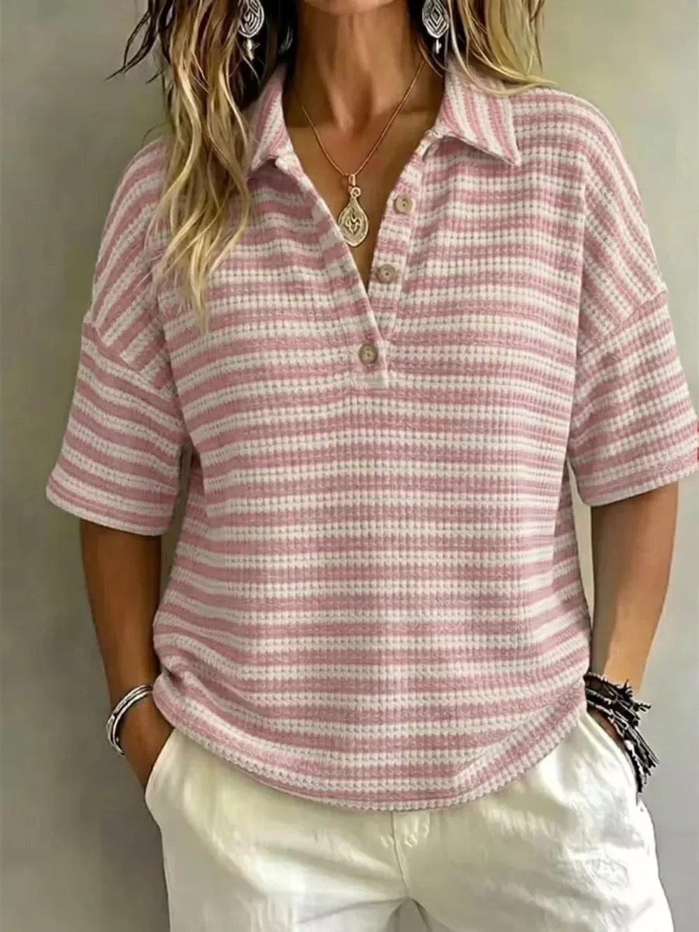 Full Size Contrast Striped Knit Polo Shirt Plus Size, image 7