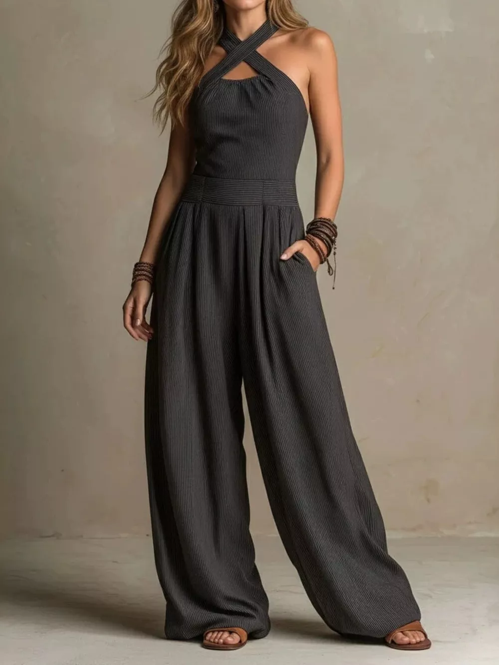 Halter Neck Wide-Leg Jumpsuit with Pockets, image 2