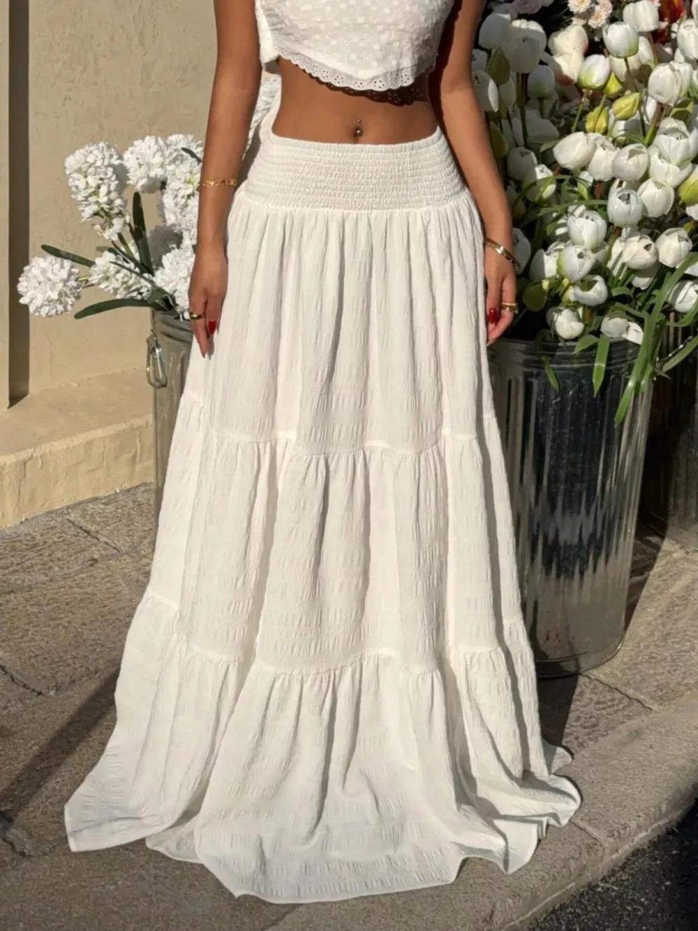 Smocked Tiered Flowy Maxi Skirt, image 3