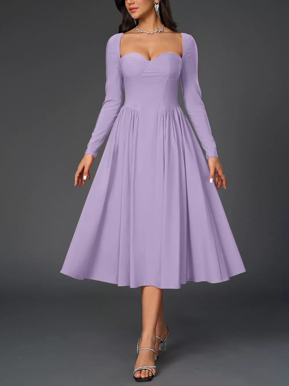 Sweetheart Neckline Long Sleeve A-Line Midi Dress, image 20