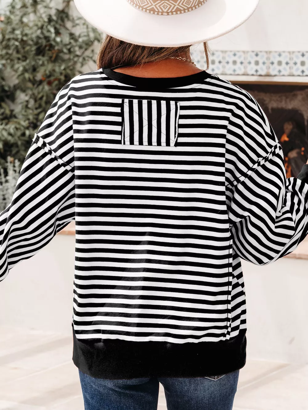 Stripe Exposed Seam Drop Shoulder Casual Pullover Top, image 10