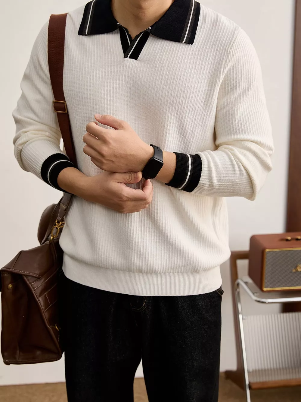 Men's Plus Size Contrast Trim Polo Collar Ribbed Knit Sweater, image 8