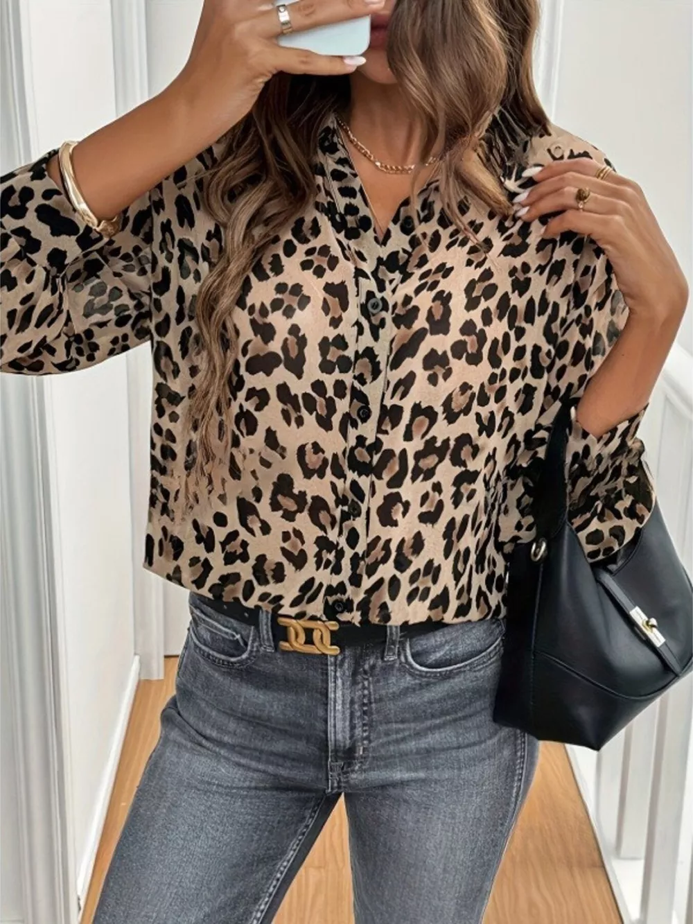 Leopard Print Button-Down Long Sleeve Shirt, image 4
