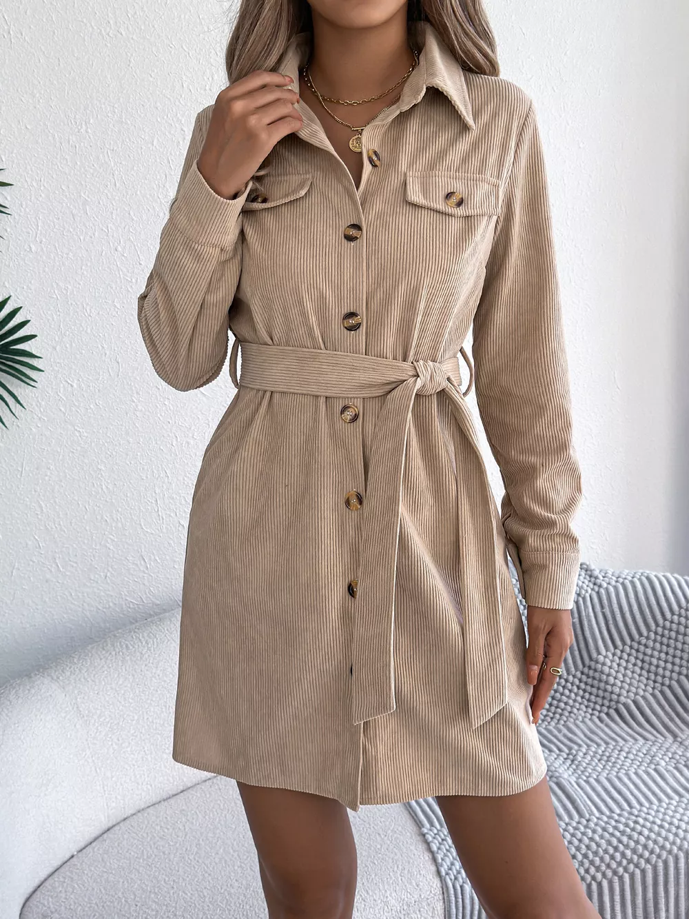Button-Front Corduroy Shirt Dress, image 12