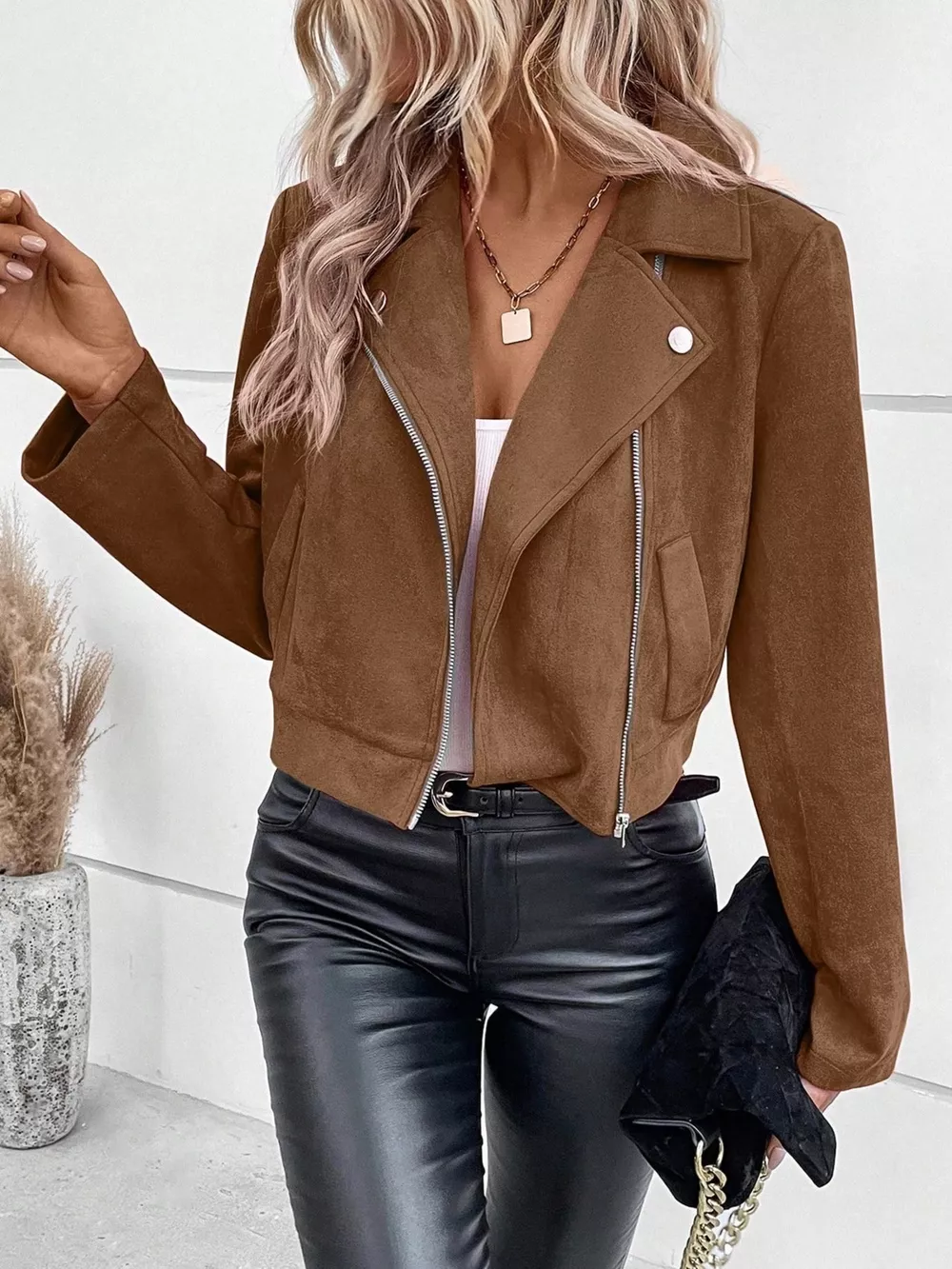 Suede Moto Jacket with Zip Detail, image 2