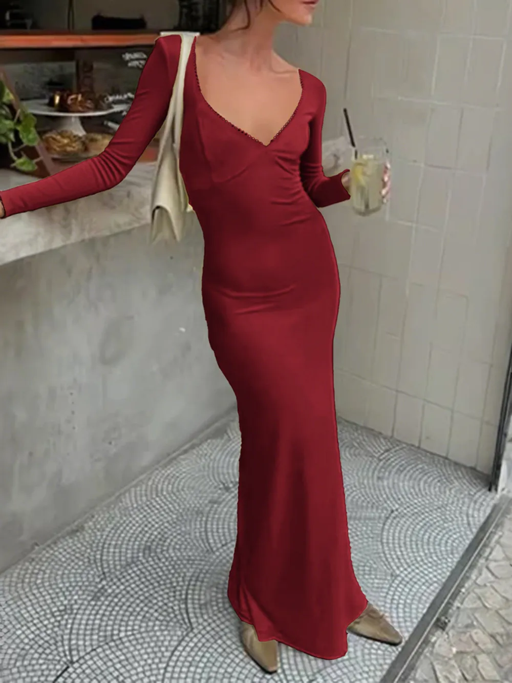 Deep-V Long Sleeve Slim Maxi Dress, image 2