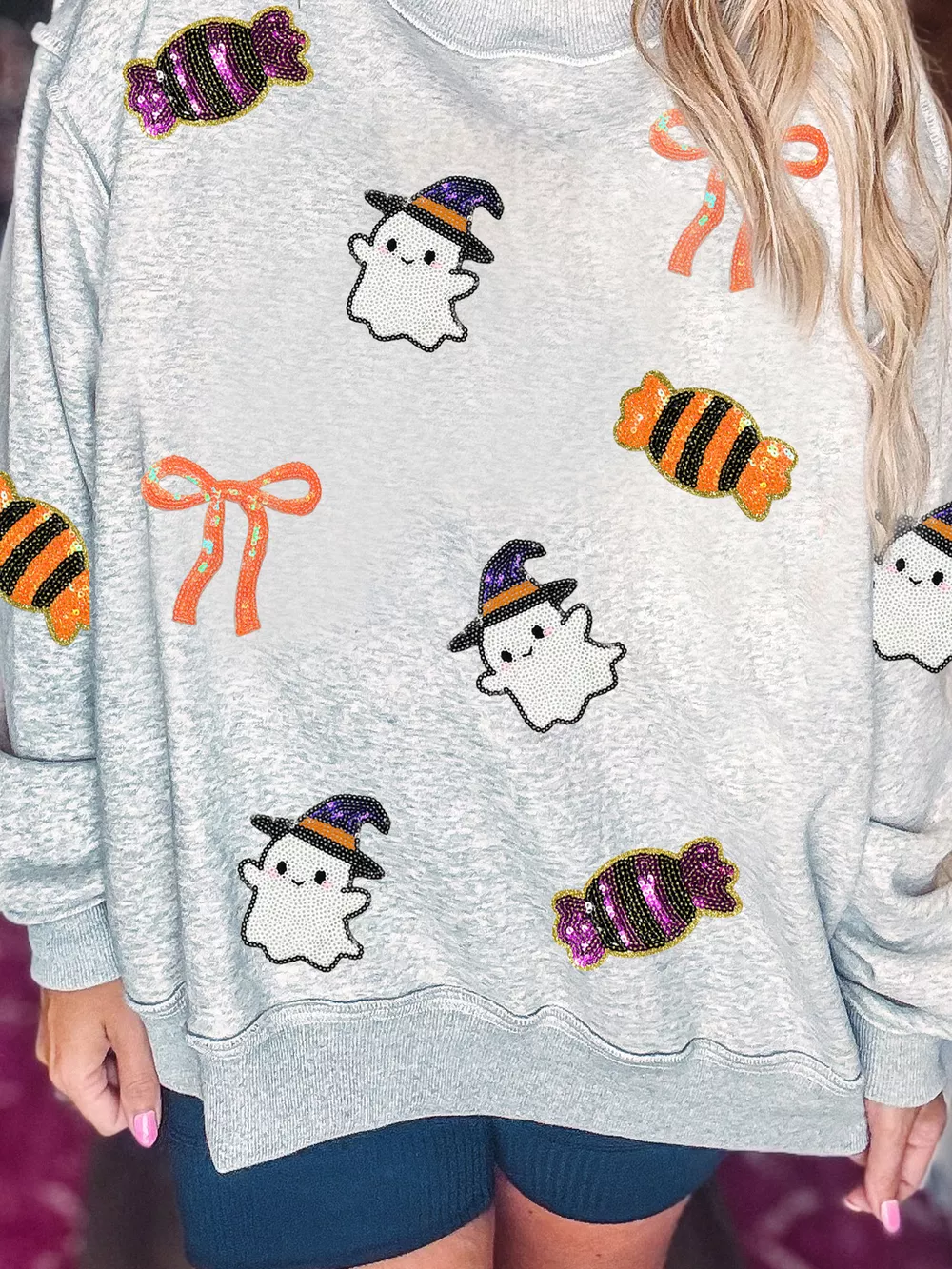 Halloween Sequin Ghost Candy Pullover Graphic Sweatshirt, image 2