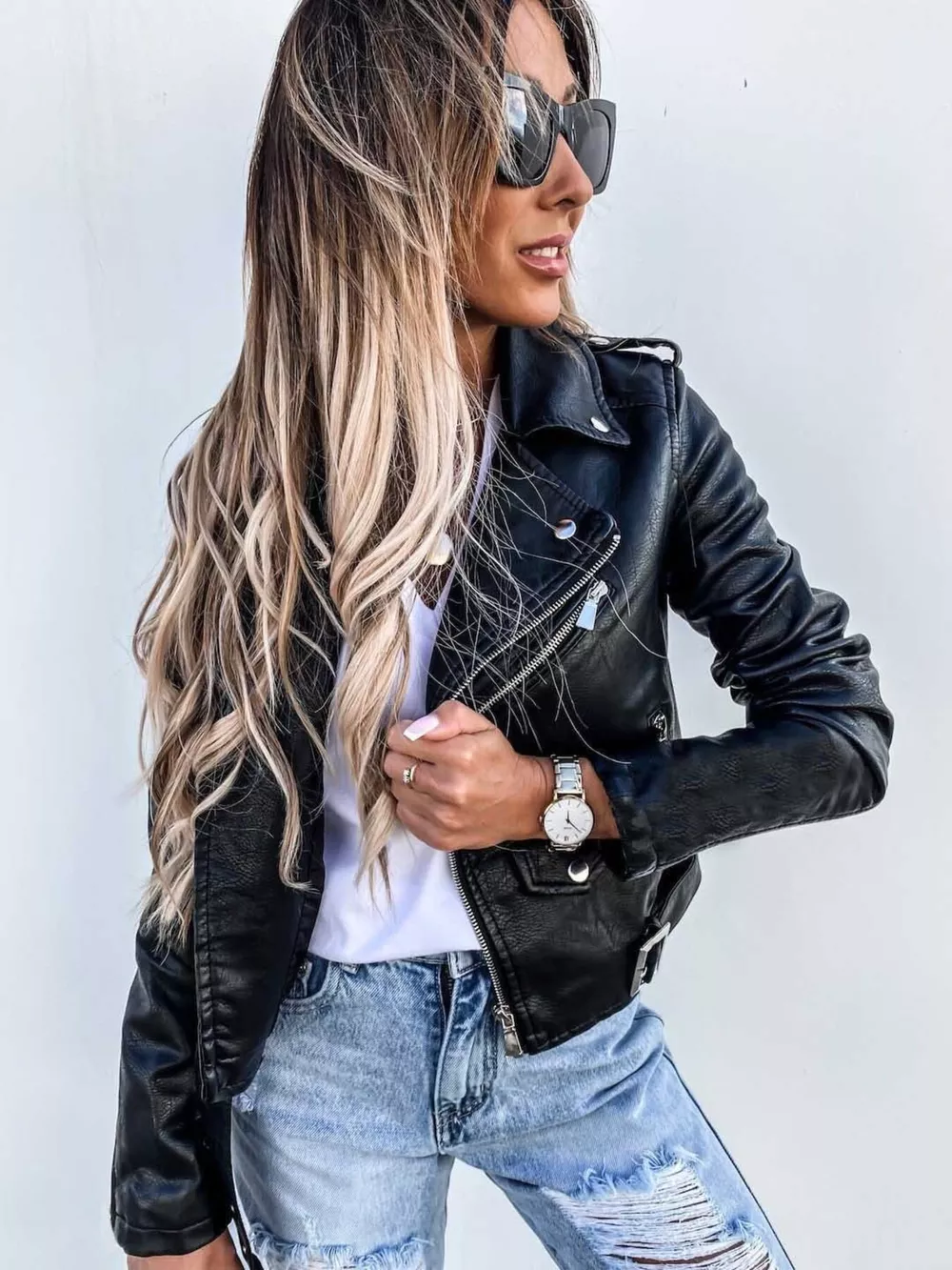 Full Size Zip Up Leather Motorcycle Biker Jacket Plus Size, image 7
