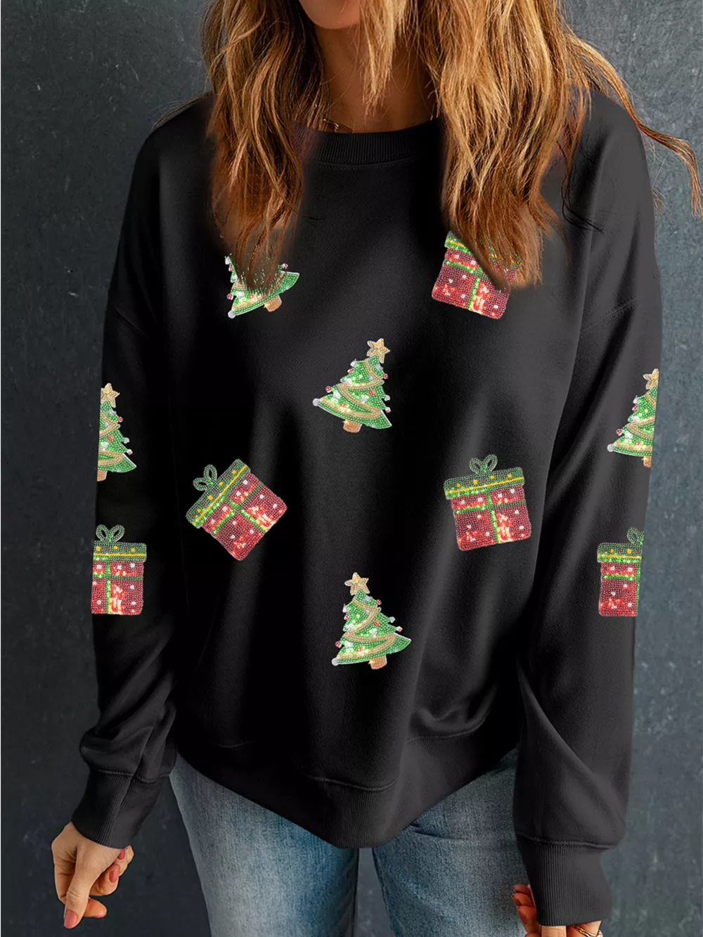 Sequin Christmas Trees Gifts Patched Drop Shoulder Sweatshirt, image 4
