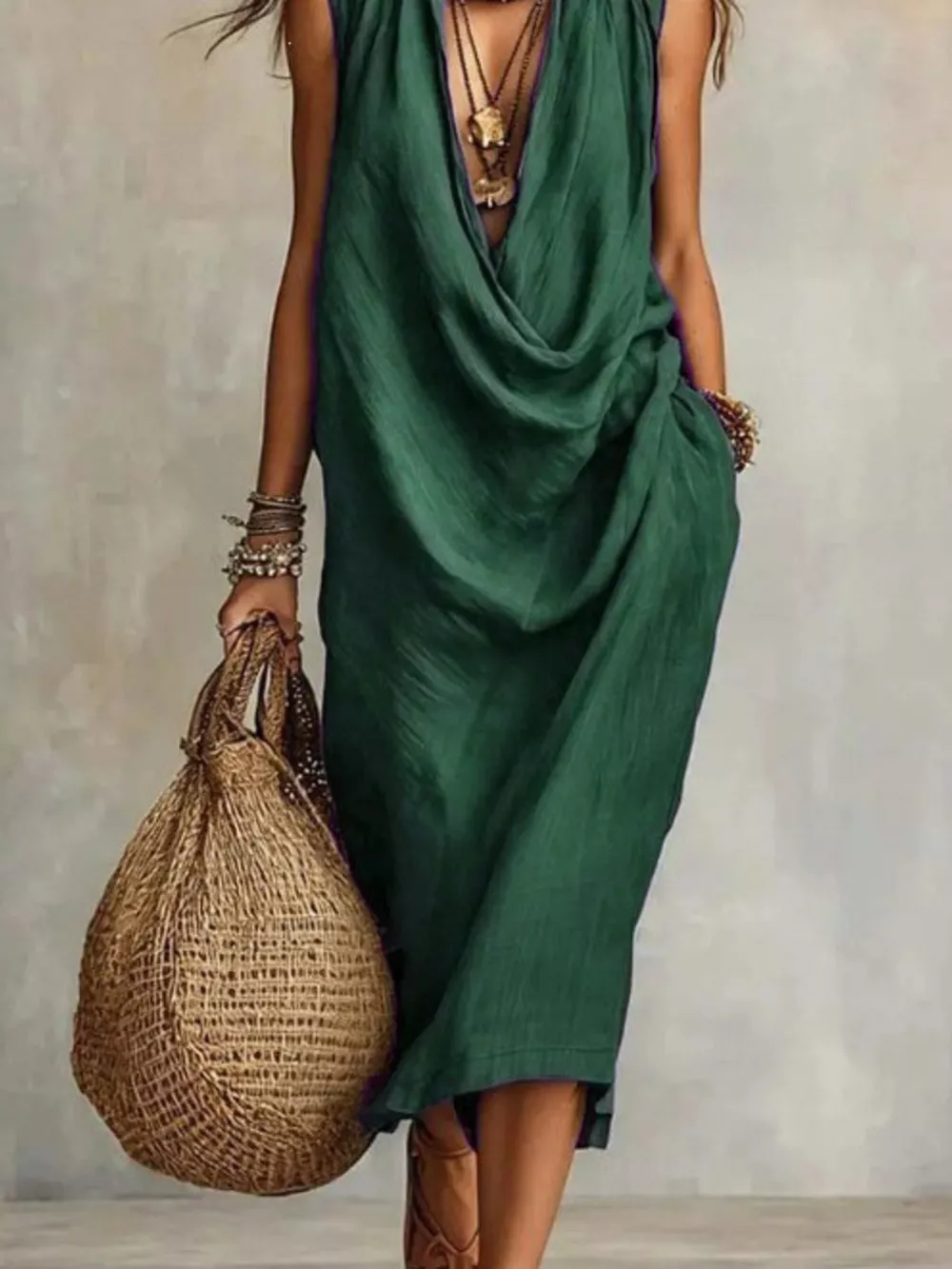 Sleeveless Drape Neck Midi Dress, image 9