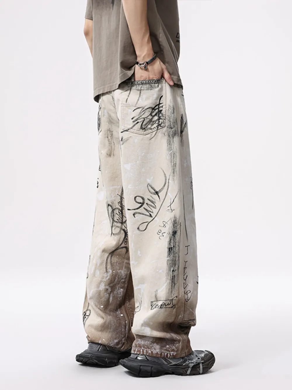 Men's Graffiti Print Wide Leg Jeans, image 3