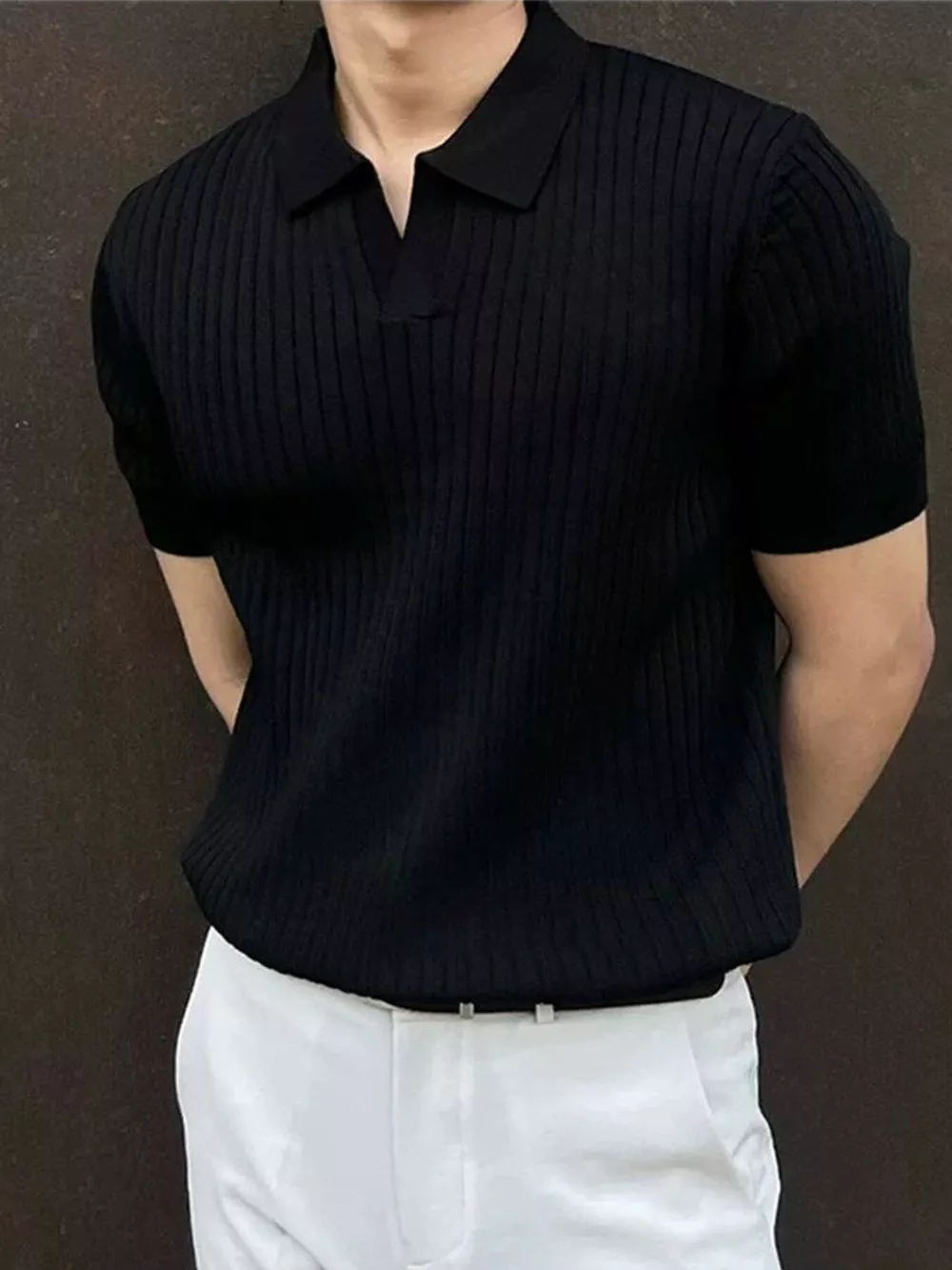 Men's Ribbed Knit Polo Shirt with Classic Collar, image 3
