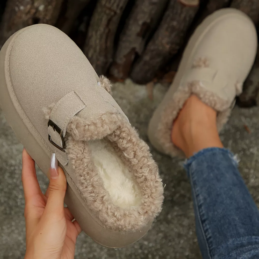 Fuzzy Trim Buckle Platform Slippers, image 12