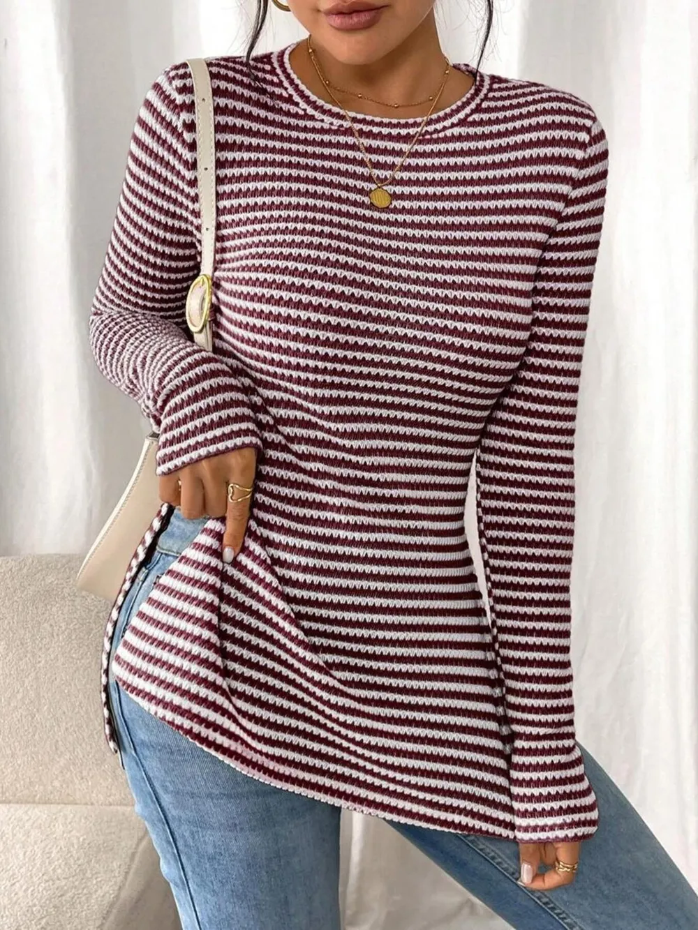 Side Slit Striped Long Sleeve T-Shirt, image 19