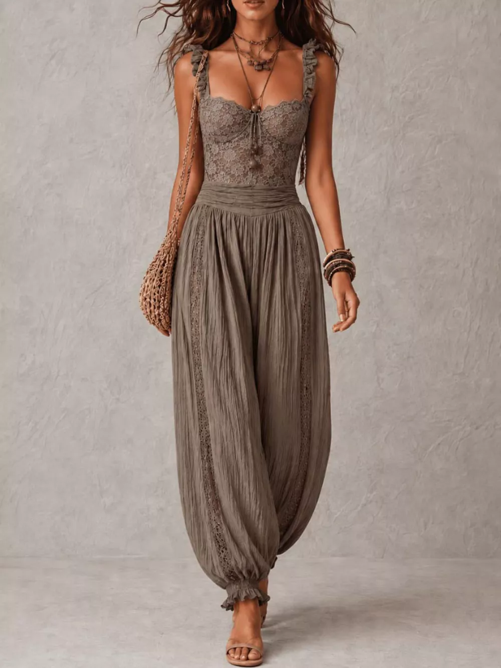 Boho Lace Corset Bodice Jumpsuit with Harem Pants