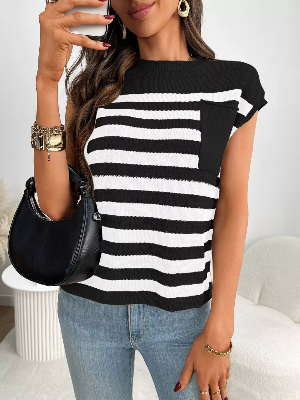 Striped Knit Pocket Detail Cap Sleeve Sweater, image 10