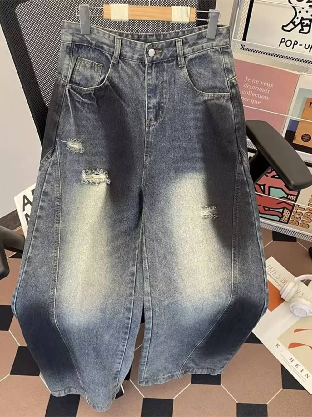 Men's Plus Size Wide Leg Distressed Jeans, image 2