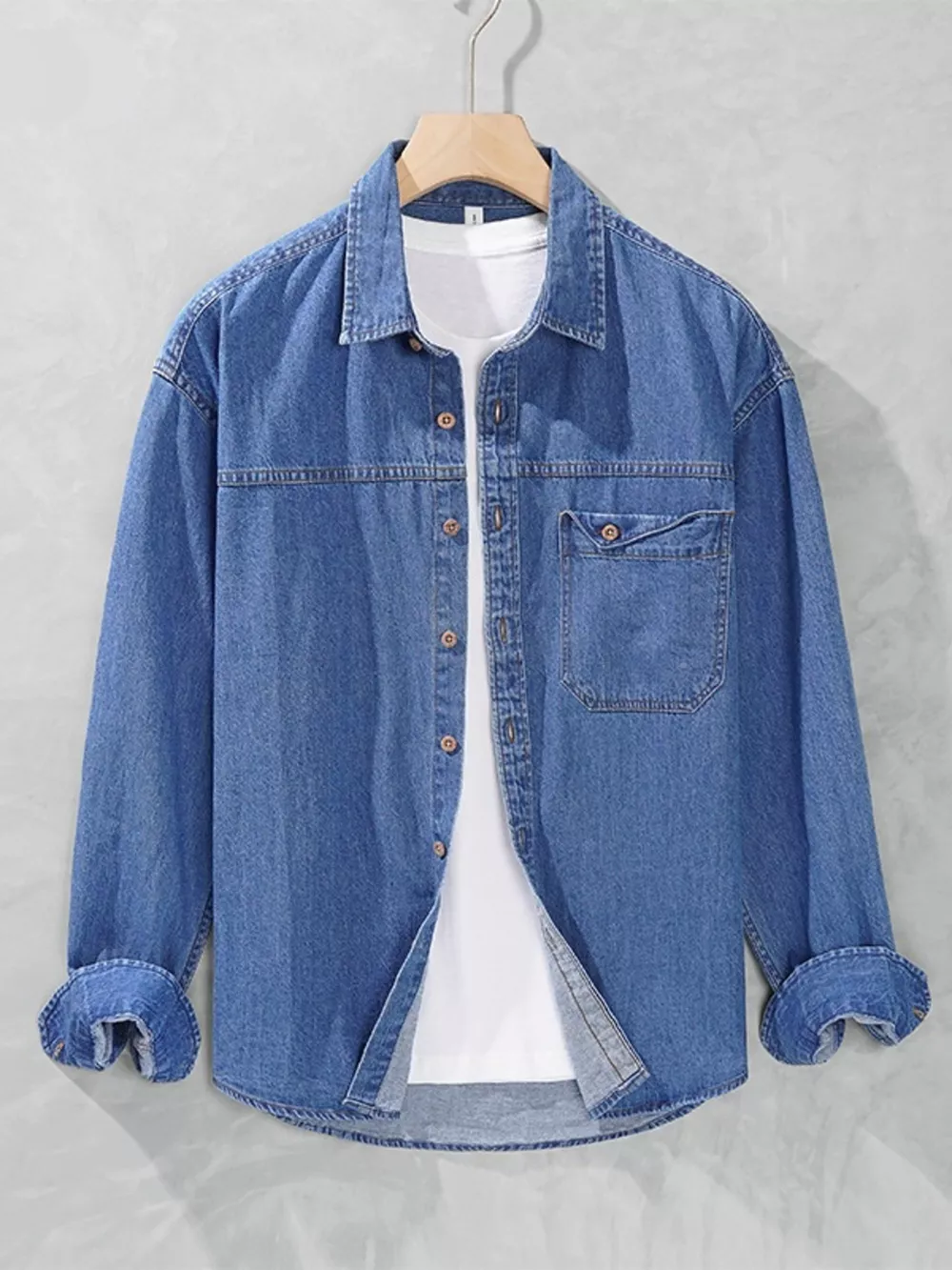 Men's Plus Size Button Up Long Sleeve Denim Shirt, image 4