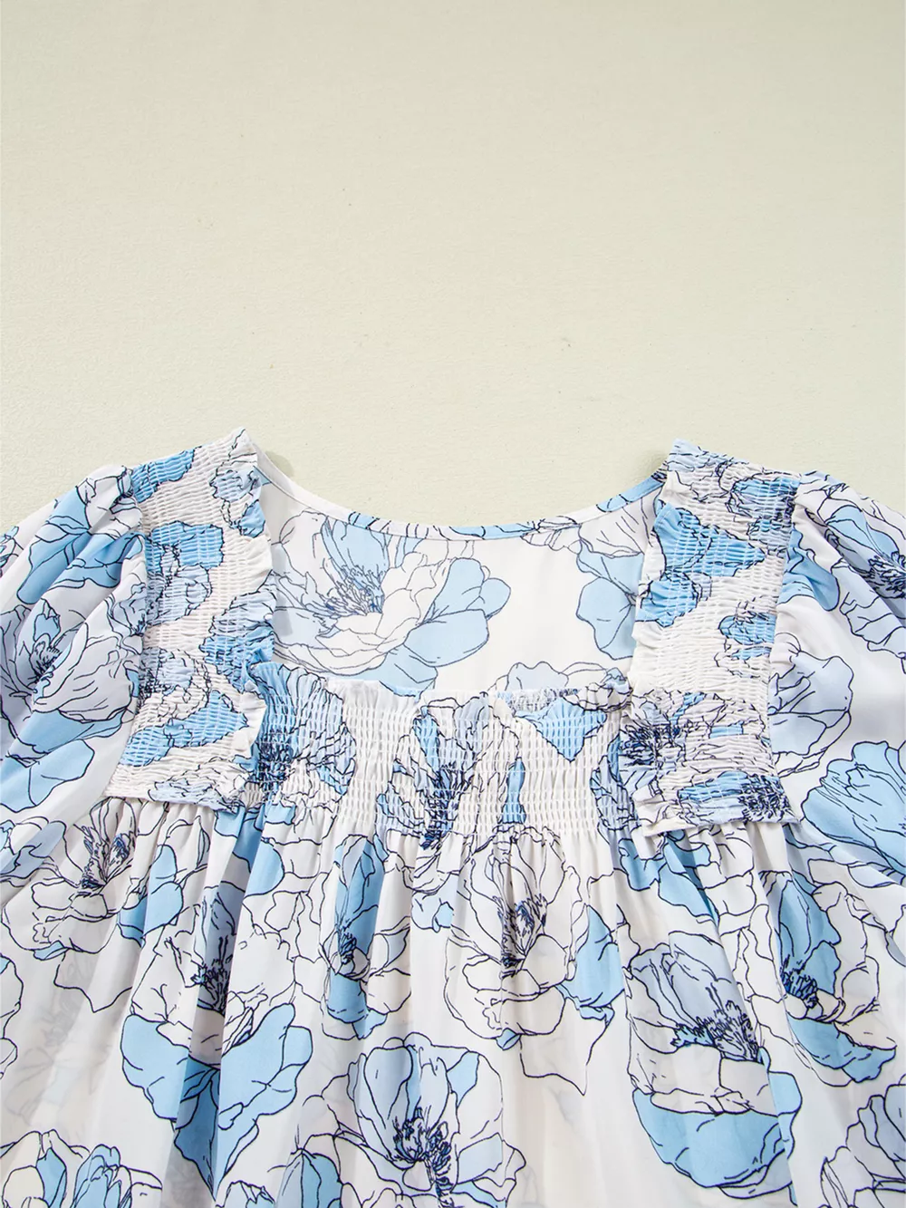 Floral Print Frilly Smocked Square Neck Long Sleeve Blouse, image 9