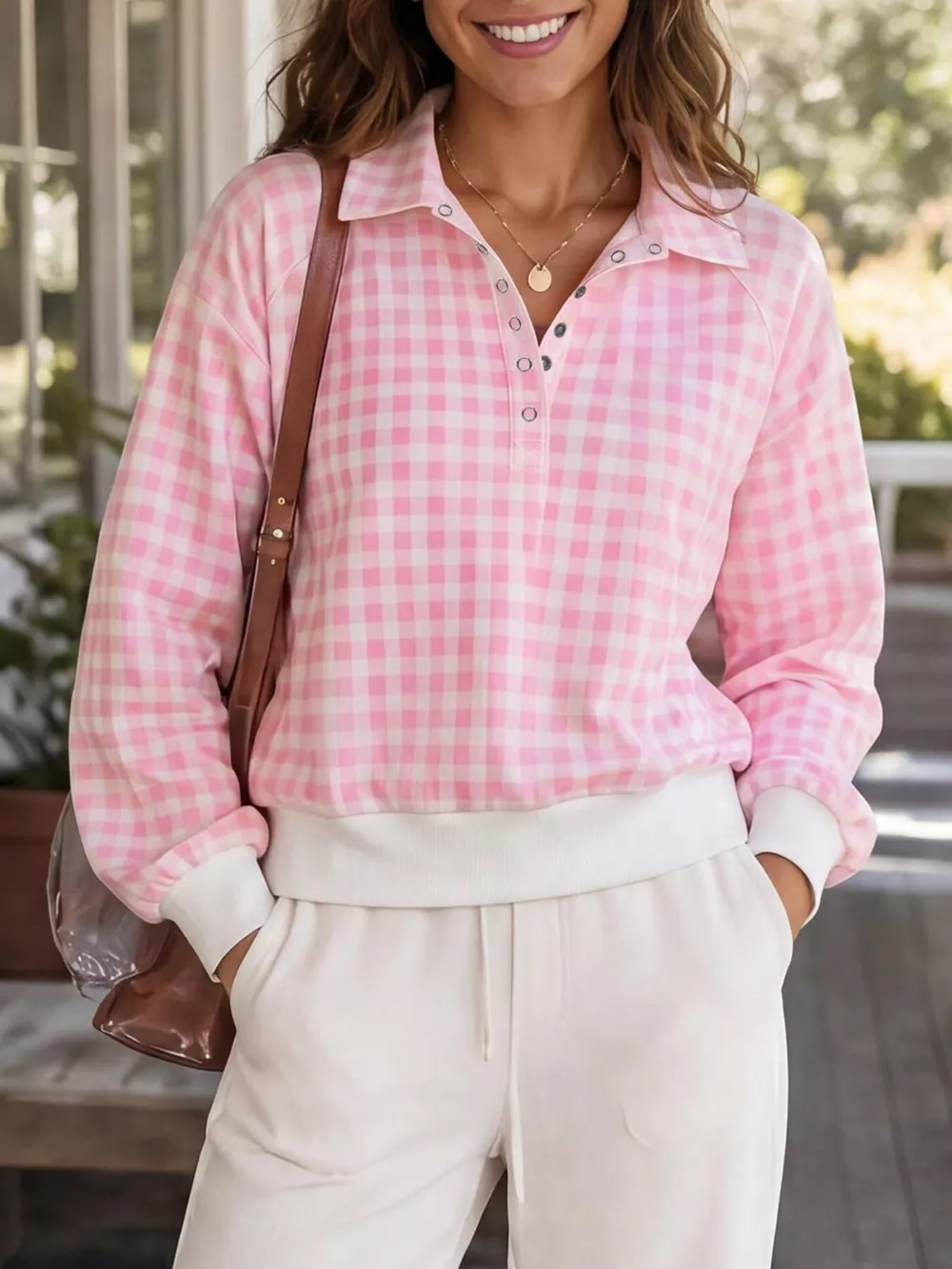 Gingham Plaid Collared Sweatshirt with Ribbed Hem, image 16