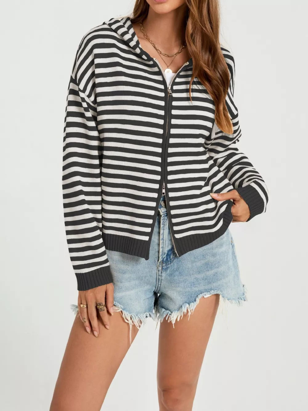 Striped Hooded Zip-Up Knit Cardigan, image 8
