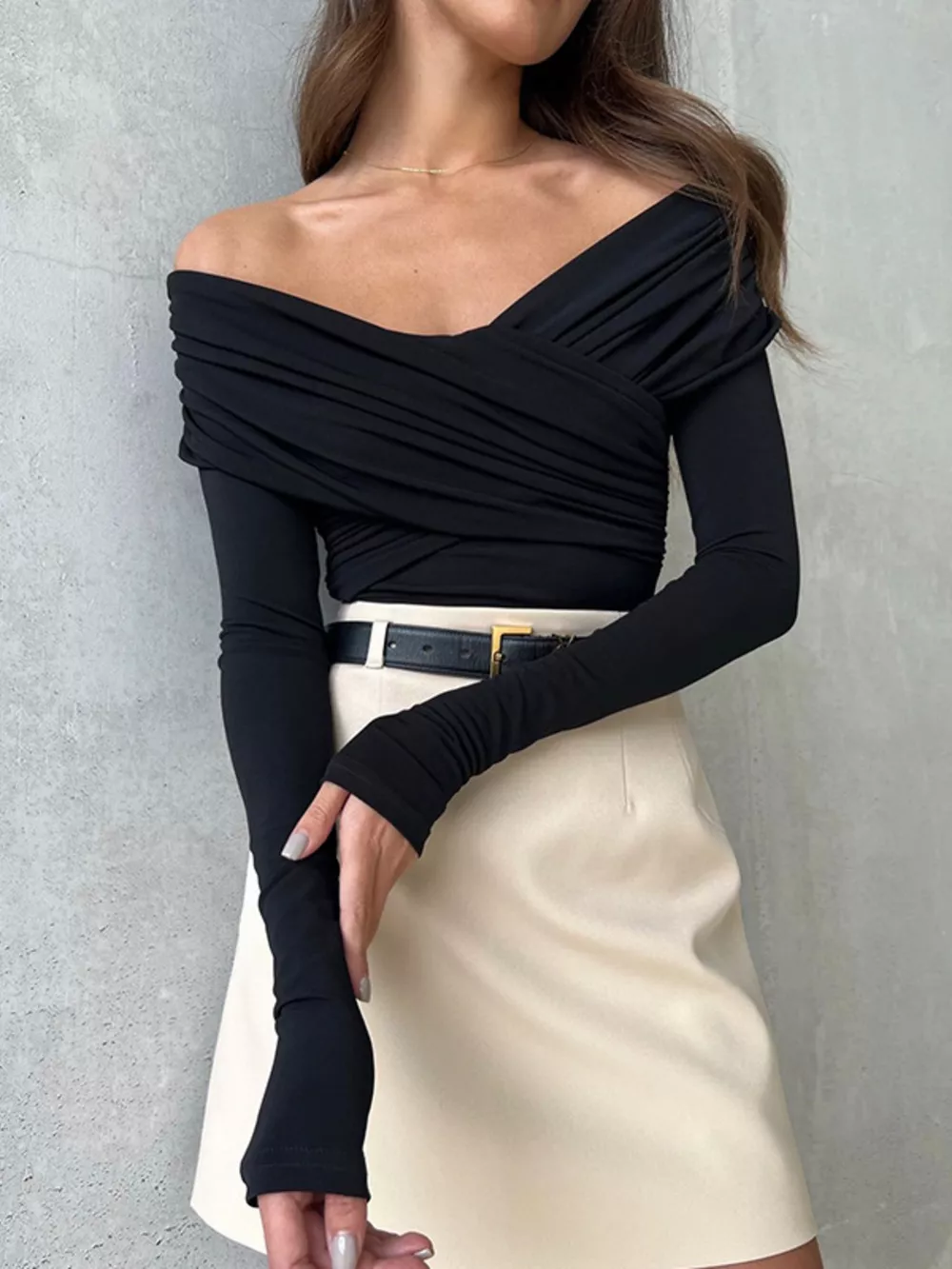 Off-Shoulder Ruched Long Sleeve Bodysuit