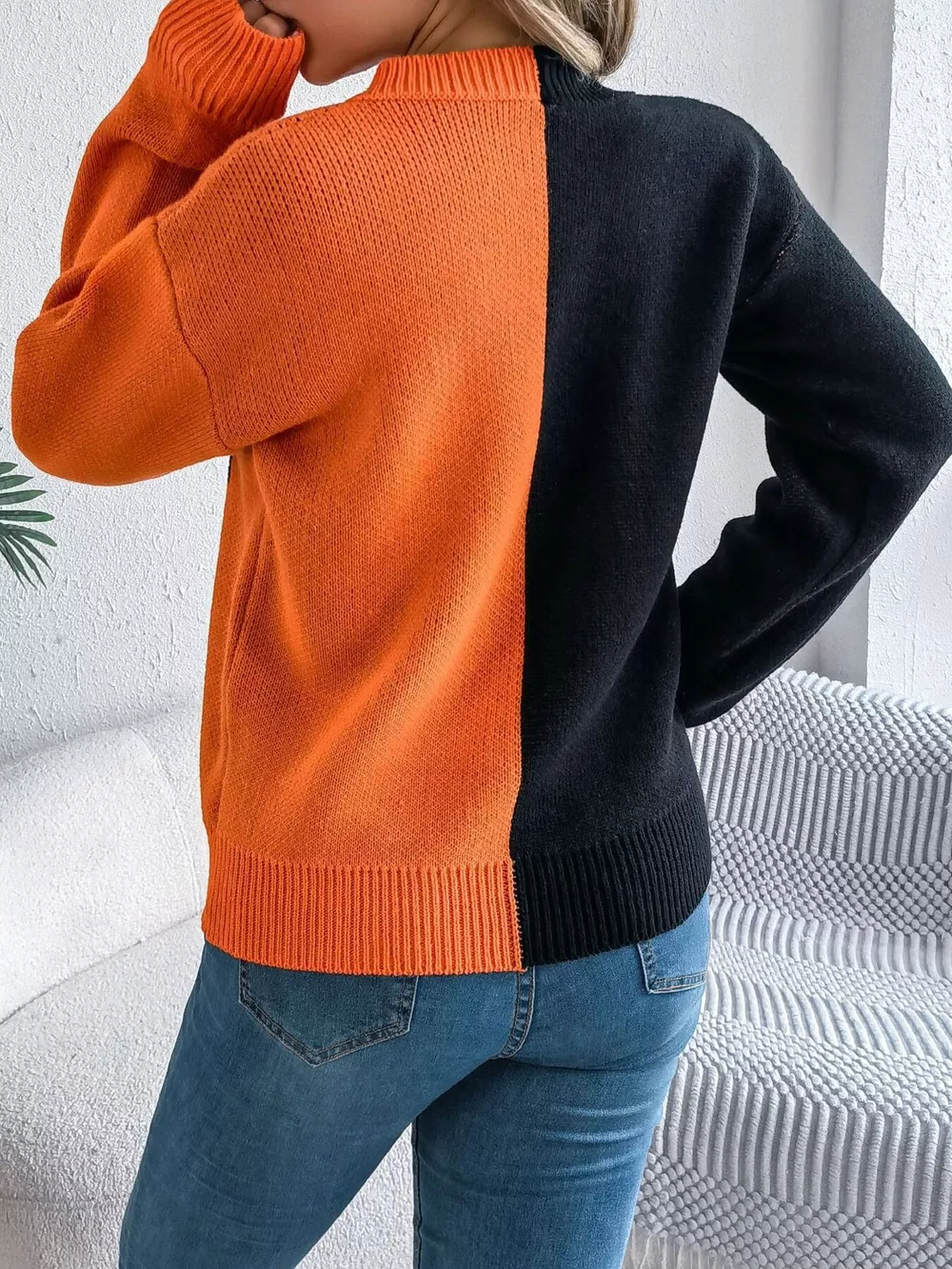 Pumpkin Face Graphic Two Tone Sweater, image 6