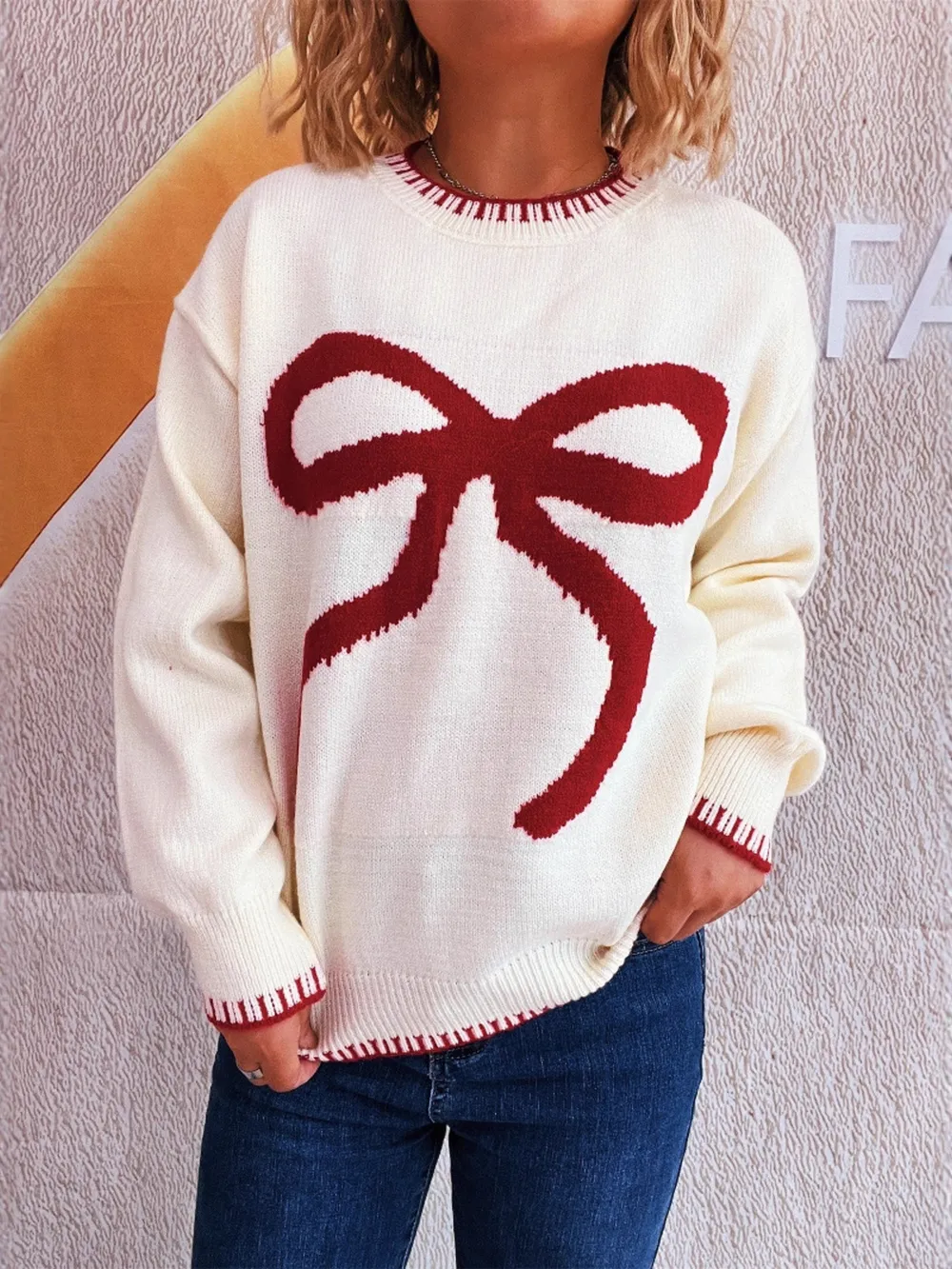 Bow Pattern Round Neck Sweater, image 4