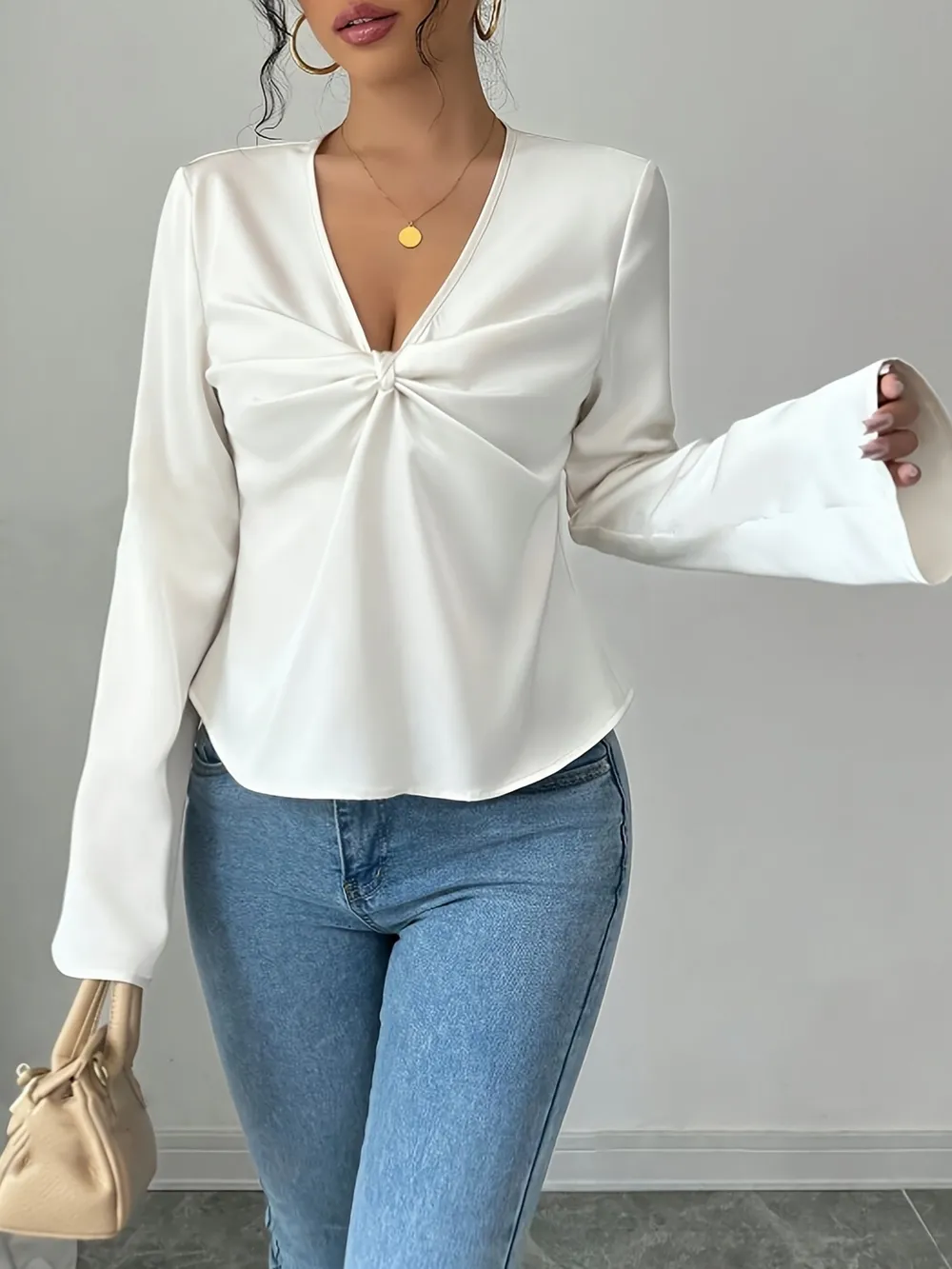 V-Neck Twist Front Long Sleeve Blouse, image 3