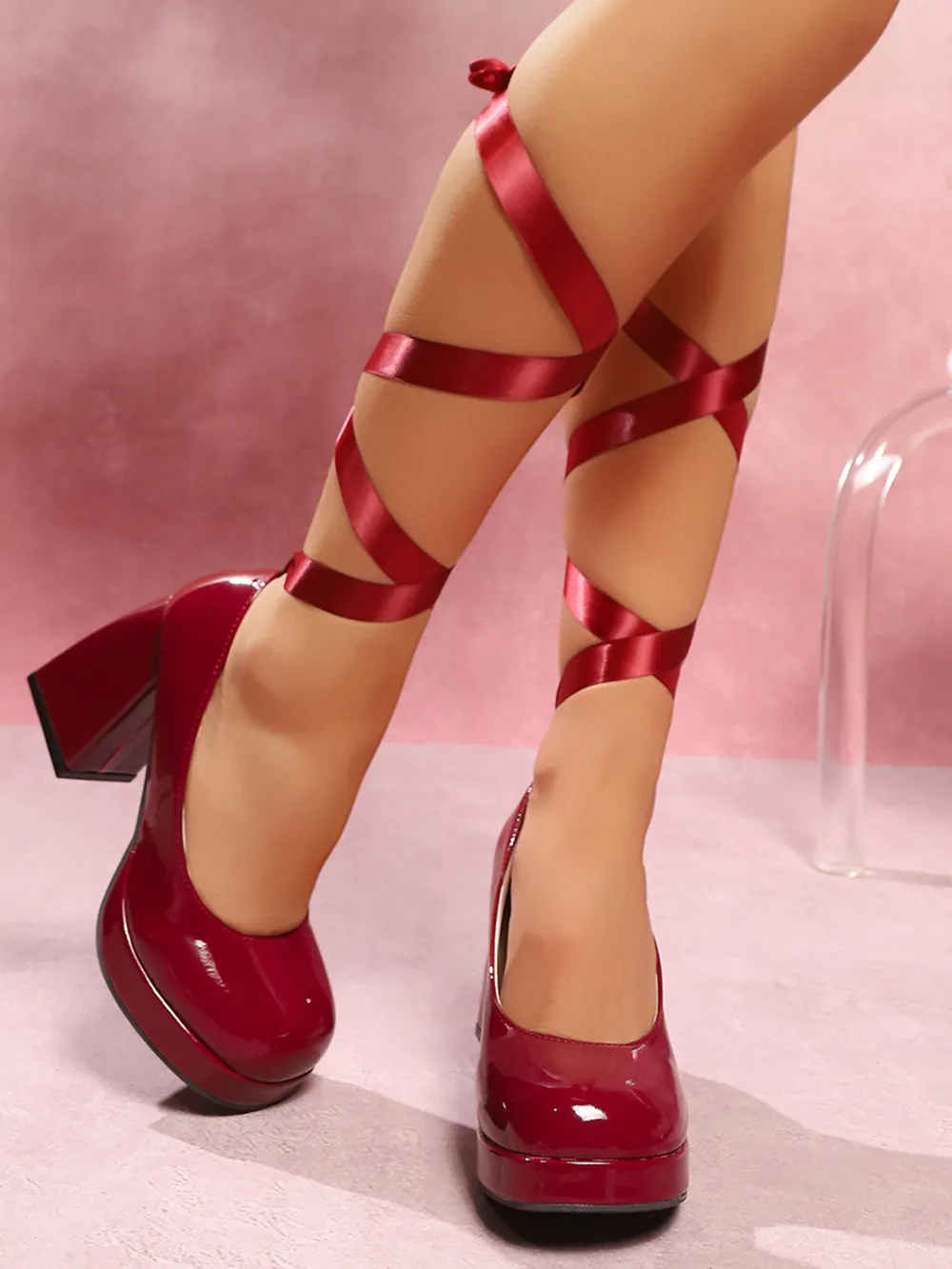 Platform Block Heel Pumps with Ankle Wrap Straps, image 7