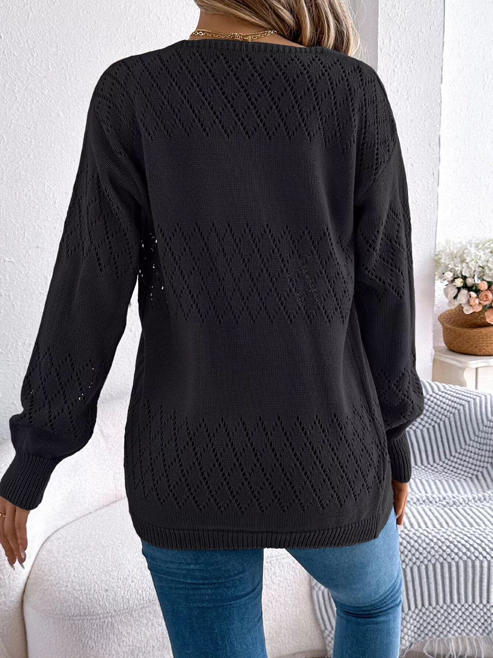 Openwork Open Front Long Sleeve Cardigan, image 7