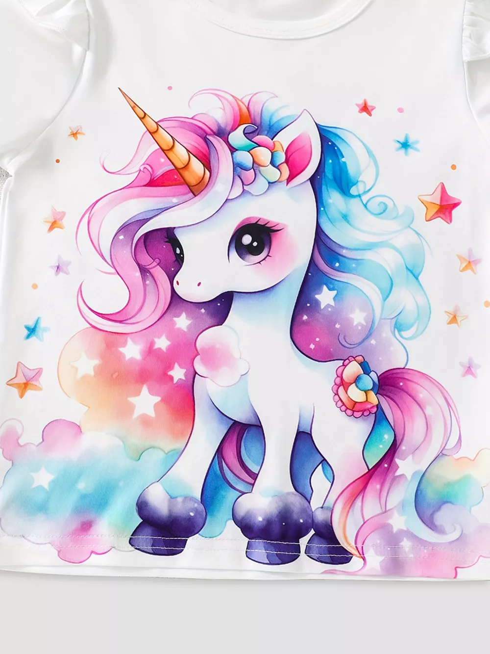 Children's Unicorn Print Ruffle Sleeve Top and Shorts Set, image 3