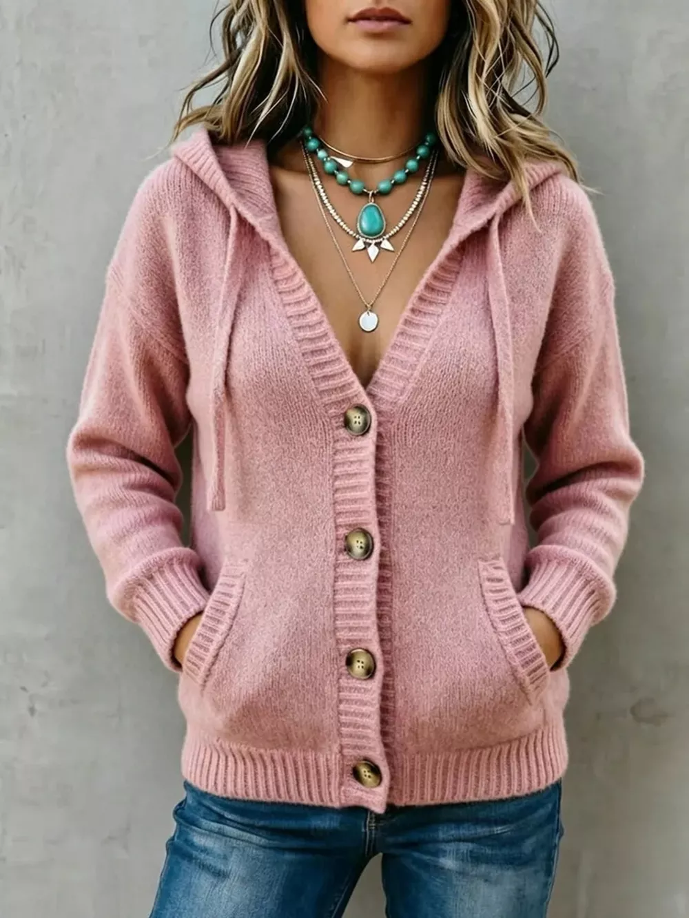 Hooded Button-Down Knit Cardigan with Pockets, image 11